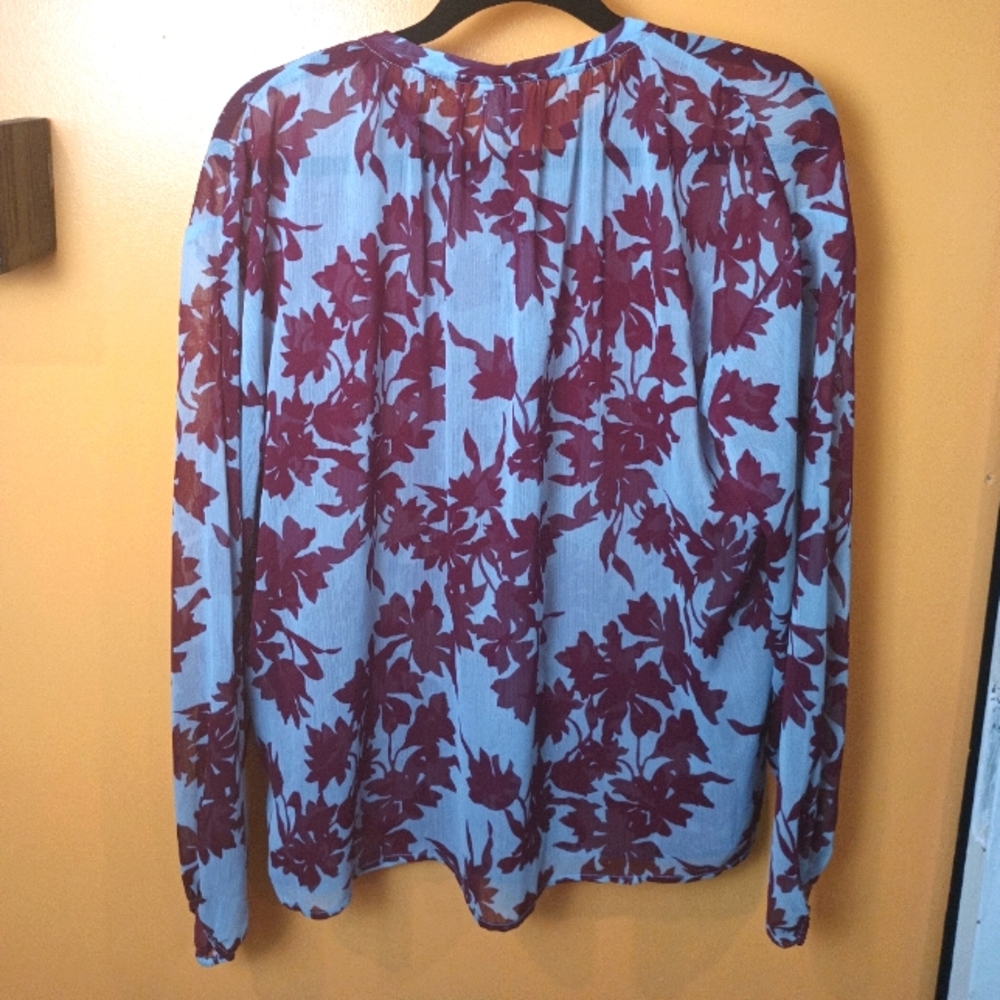 A New Day Maroon & Light Gray Long Sleeve Front Button Semi Sheer Top Size L - Picture 9 of 10